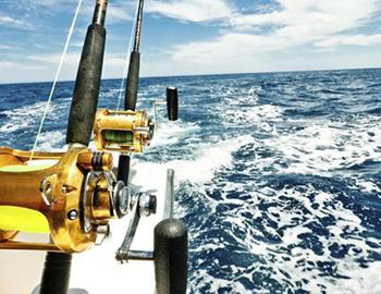 Fishing reel off the back of a speedboat