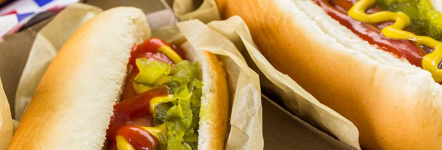 Hot dogs with ketchup, mustard and relish