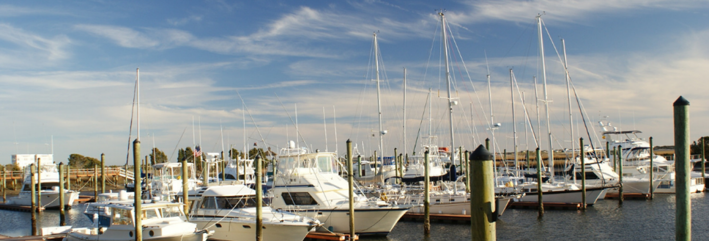Waterfront marina with boats stationed outside