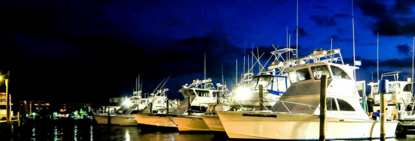 Boats at the marina at nighttime