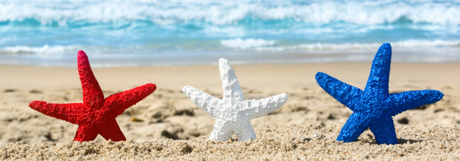 Red, white and blue starfish lined up on the beach