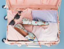 Shoes and clothes in a suitcase ready for a vacation