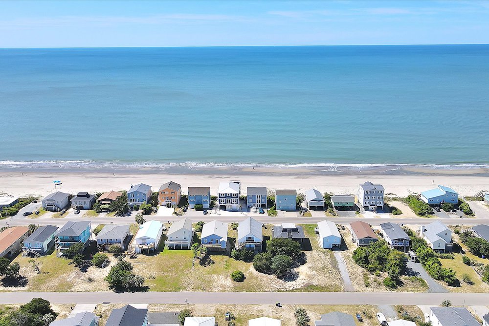 aerial view of beachfront homes on Oak Island