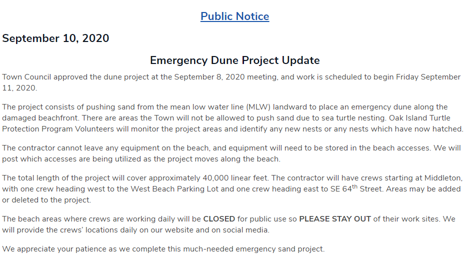 Town of Oak Island Public Notice on Emergency Dune Project