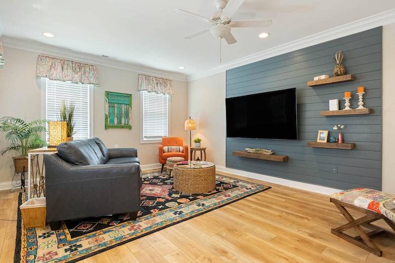 The living room of a Southport vacation rental