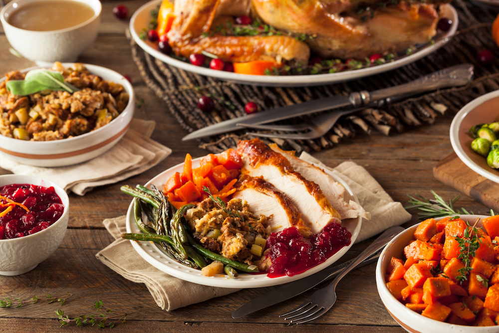 thanksgiving plate of food on decorated table